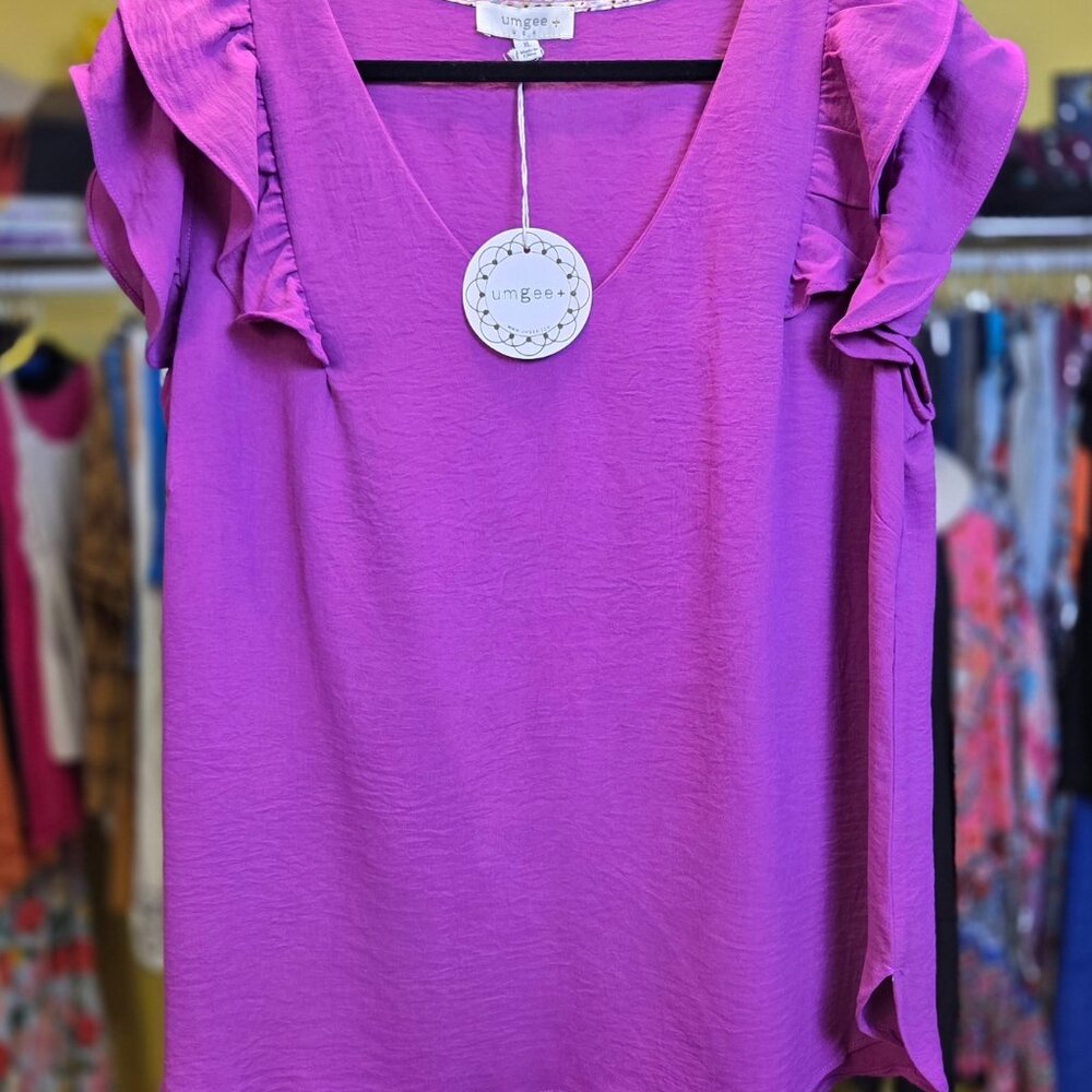 Umgee Ruffle Edge V-Neck Blouse (XL and 1X)